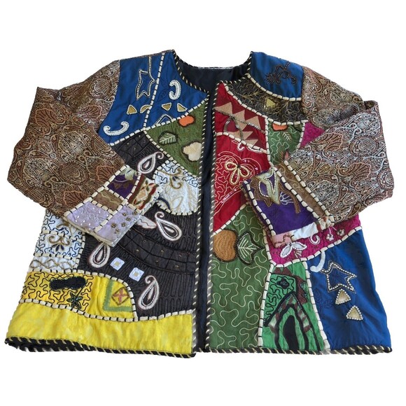 Vtg Colorful Patchwork Button Front Jacket Unbranded 80's L? - Picture 4 of 12